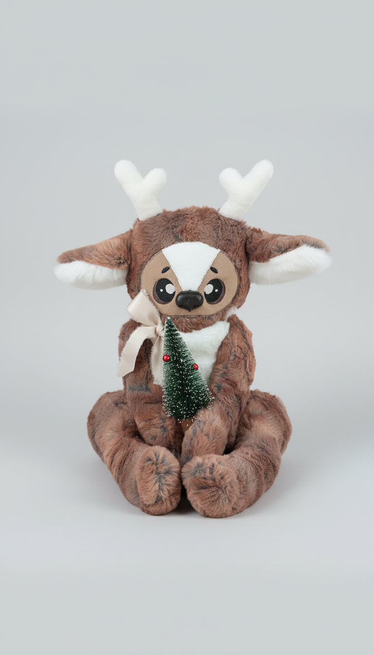 Plush deer toy with a small Christmas tree on a  surface