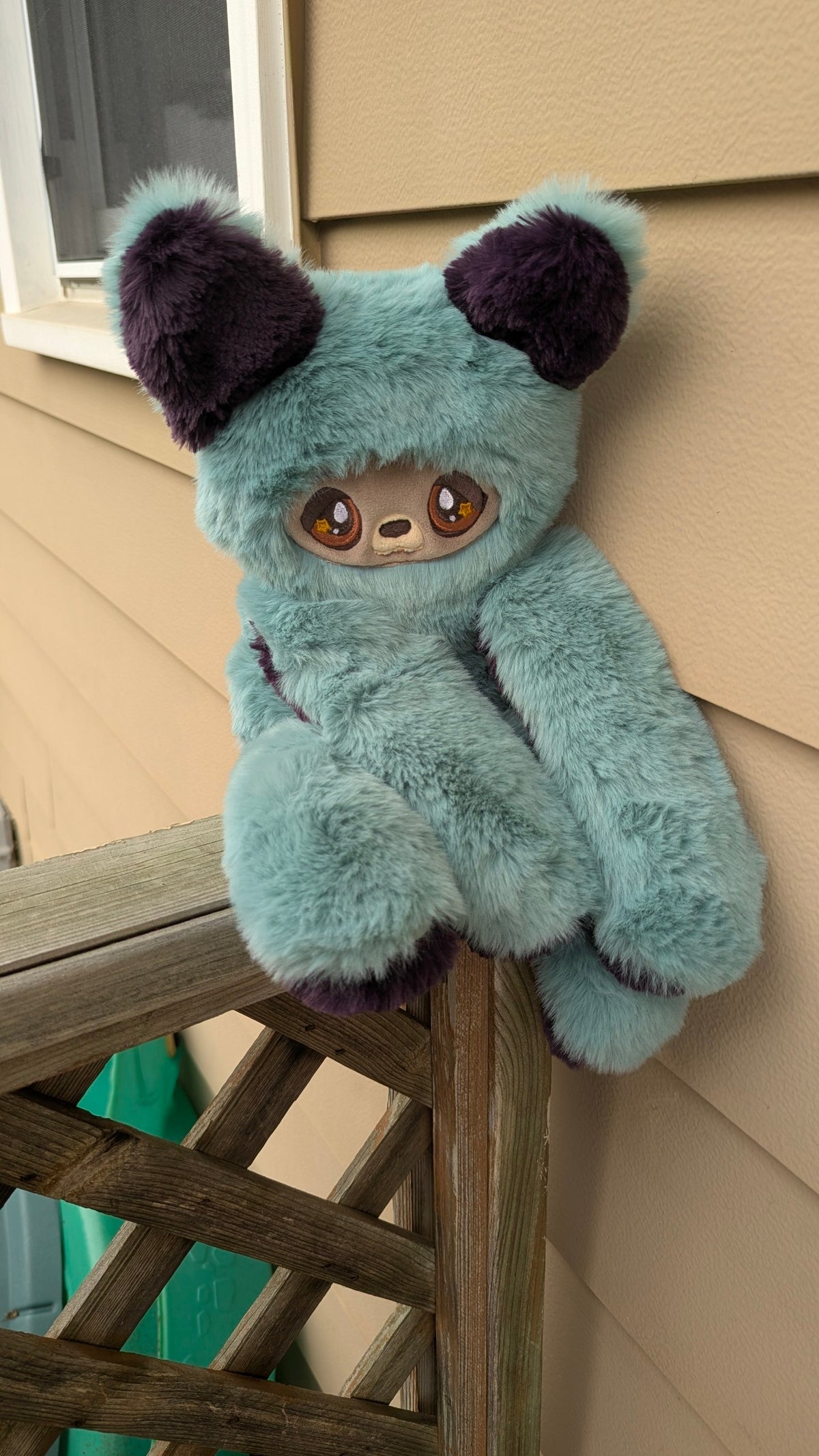 Evvies Lovies Jasper teal and plum plush wolf pup with amber star eyes and soft luxe bunny fur fabric