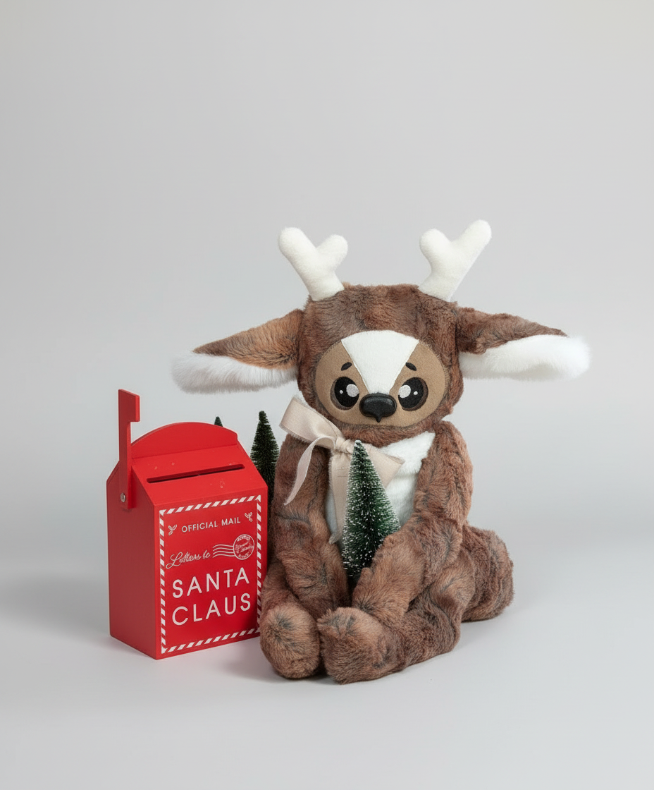 Plush deer toy with a small Christmas tree and a red mailbox labeled 'Letters to Santa Claus' on a wooden surface.