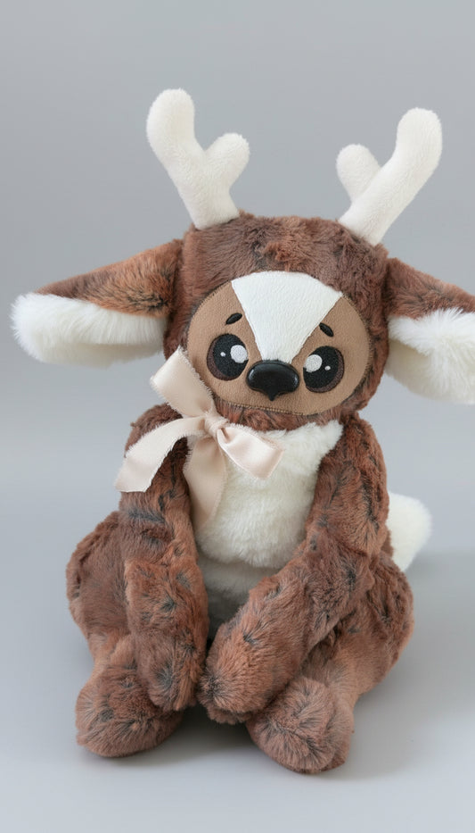 Plush toy deer antlers and a bow against a green background